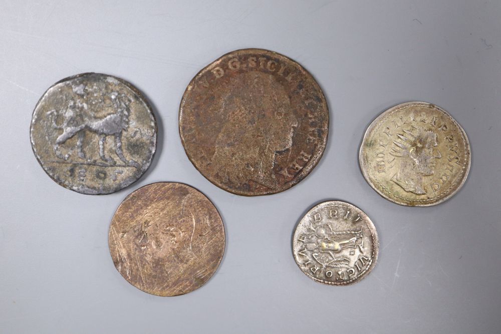 A silver and enamel wrist watch, a silver napkin ring, silver pill box and five assorted worn coins.